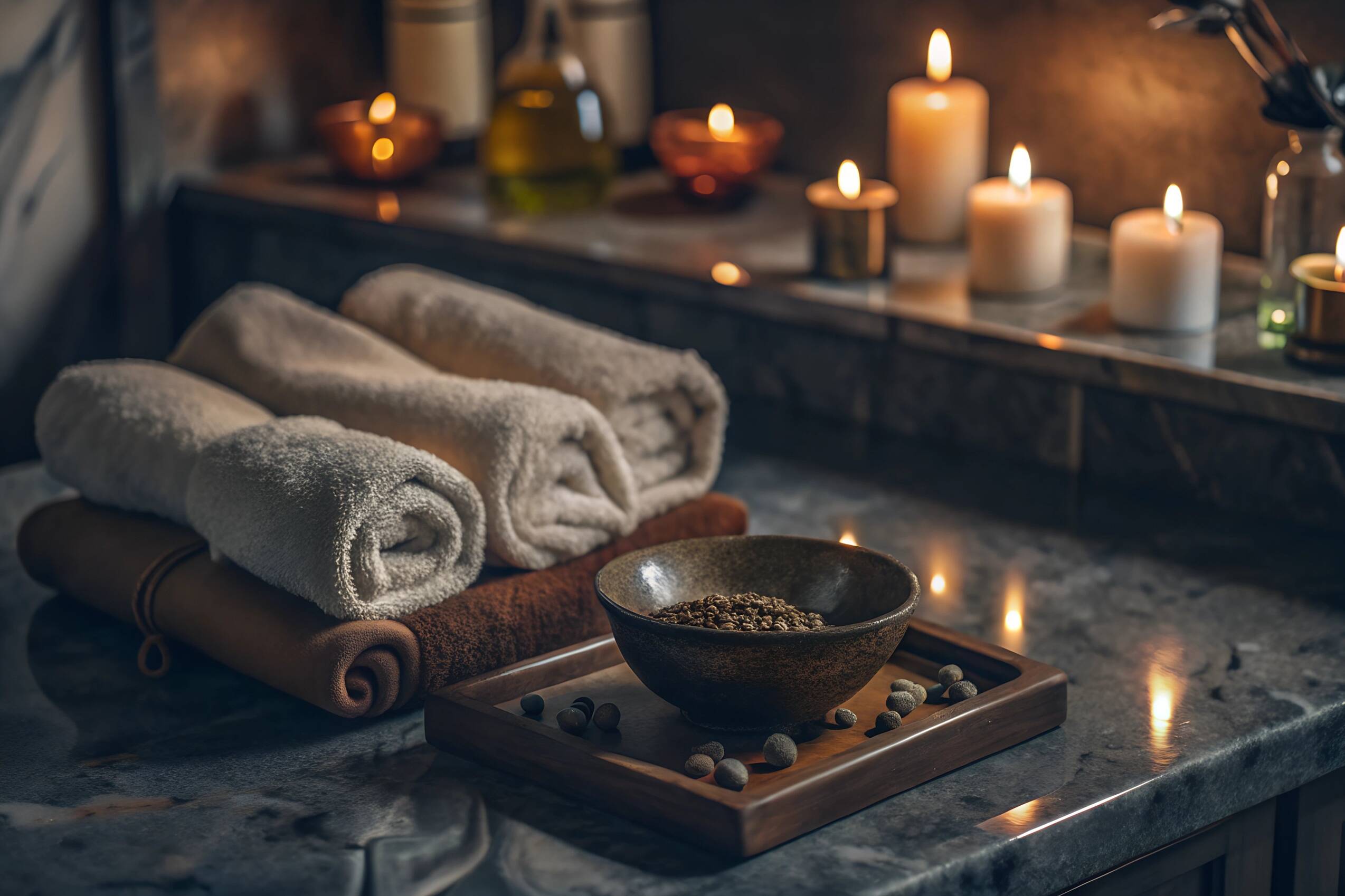ai generated, spa, wellness, relax, massage, therapy, aroma therapy, candles, towels, zen, peaceful, tranquil, serene, self-care, pampering, beauty, health, treatment, organic, essential oils, aroma, scent, ambience, atmosphere, luxury